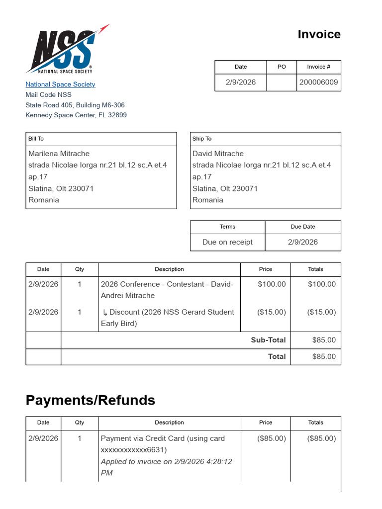 Invoice No. 200006009 - National Space Society | PDF
