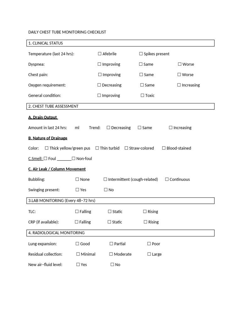 Daily Chest Tube Monitoring Checklist | PDF