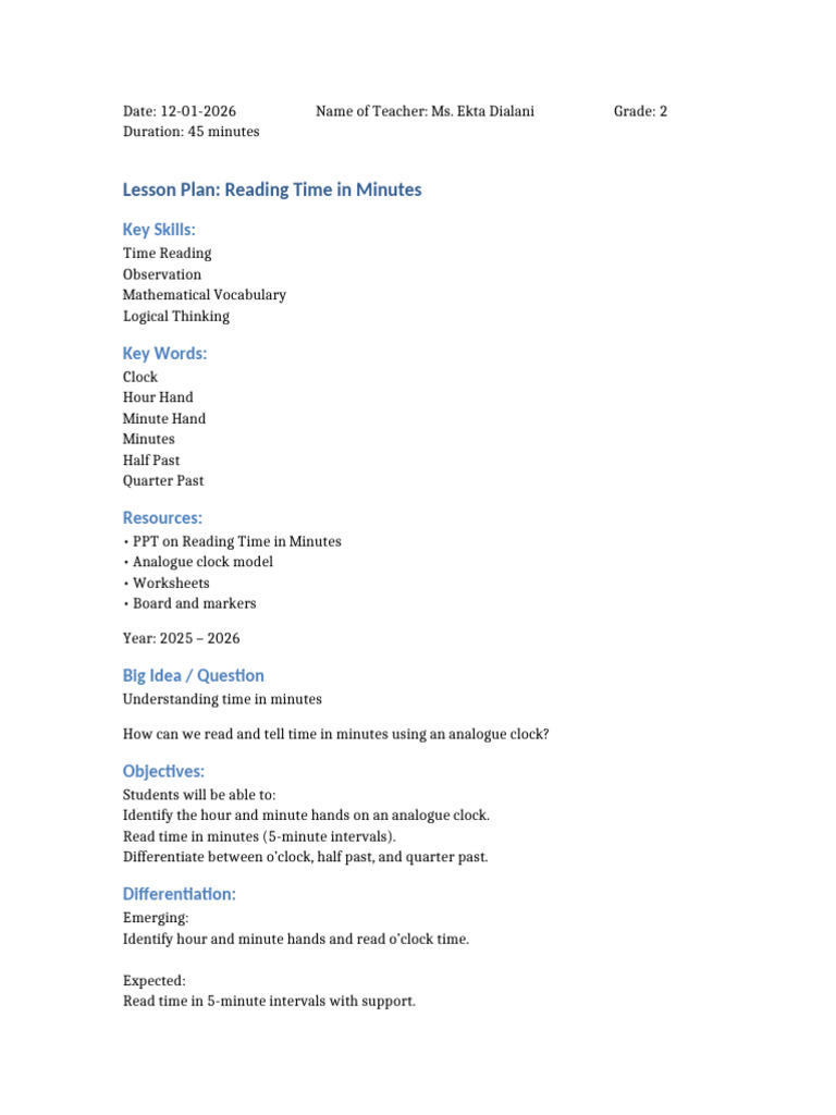 Reading Time in Minutes 3D Lesson Plan Template Matched | PDF