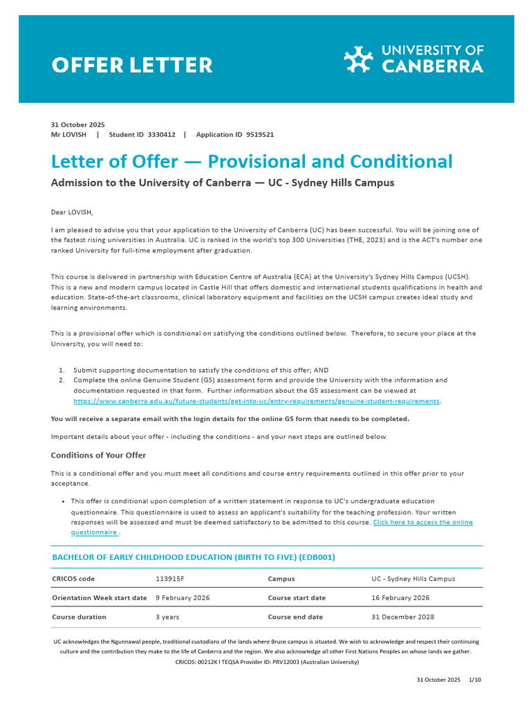 UC OFFER Letter From University of Canberra | PDF | Fee