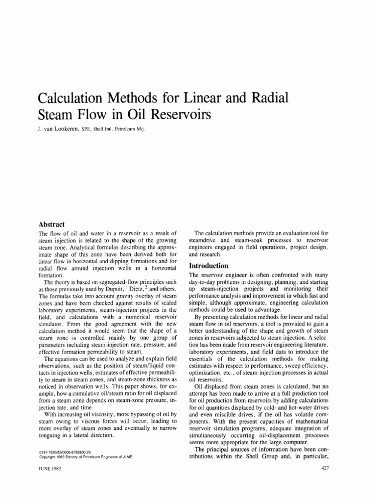 Calculation Methods For Linear and Radial Steam Flow in Oil Reservoirs ...