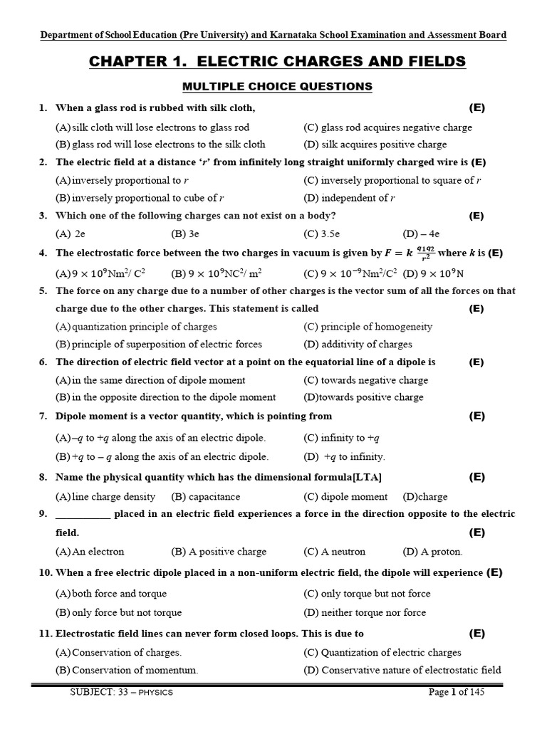 Electric Charges and Fields Mcqs Correct Answers | PDF | Electric Field ...