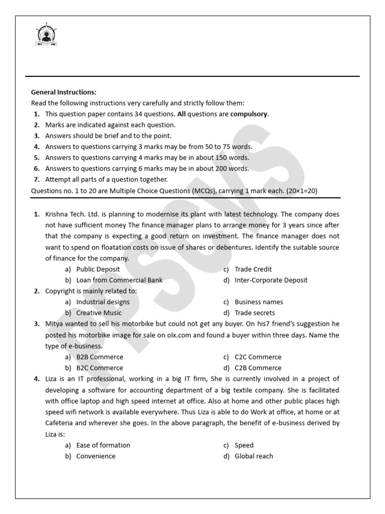 BST Sample Paper 11th | PDF | Insurance | Credit