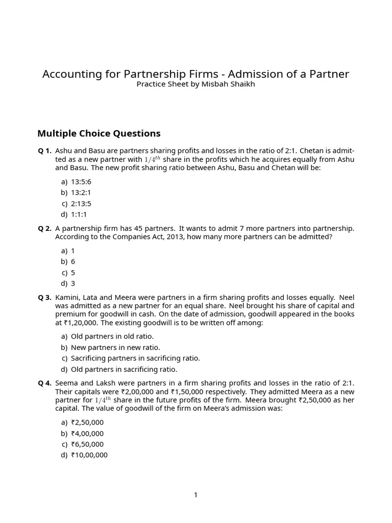 Admission of A Partner Practice Sheet | PDF | Goodwill (Accounting ...