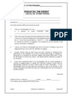 9be51affidavit by The Parent Concerning Regulations Directive For Banning Ragging and Anti-Ragging Measures (To Be Given On Rs.10 - Stamp Paper &amp Duly Notarized by Notary)