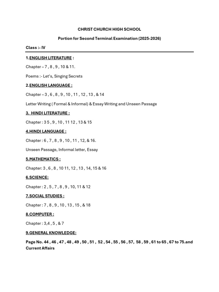 Portion For Second Term Class 4 | PDF