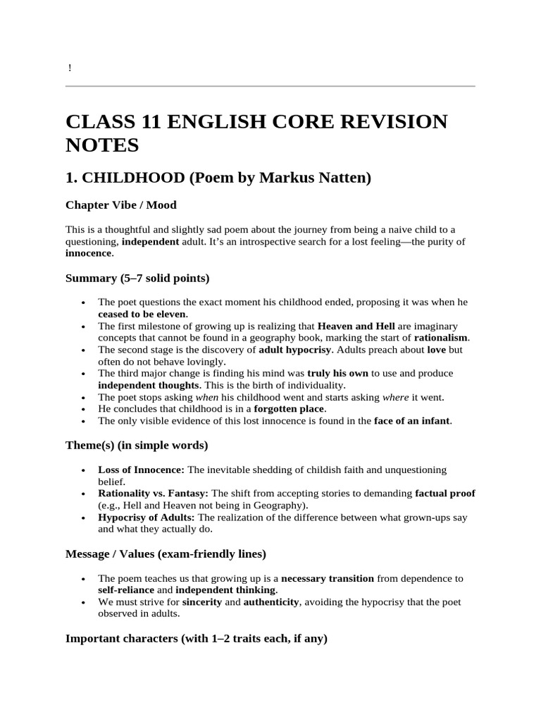 Class 11 English Core Revision Notes | PDF | Reality | Science