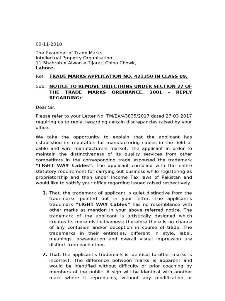Reply To Notice Under Section 27 of The Trade Marks Ordinance, 2001 ...