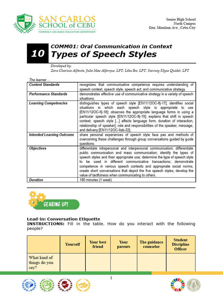 SCSC - 10. Types of Speech Styles | PDF | Conversation | Communication