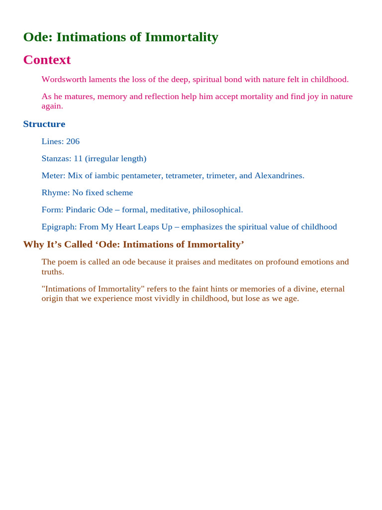Ode - Intimations of Immortality | PDF | Poetry
