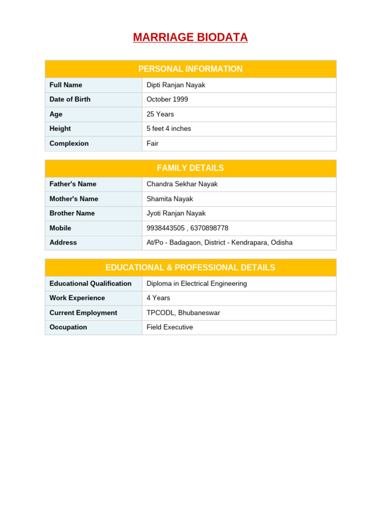 Marriage Biodata Dipti Ranjan Nayak | PDF
