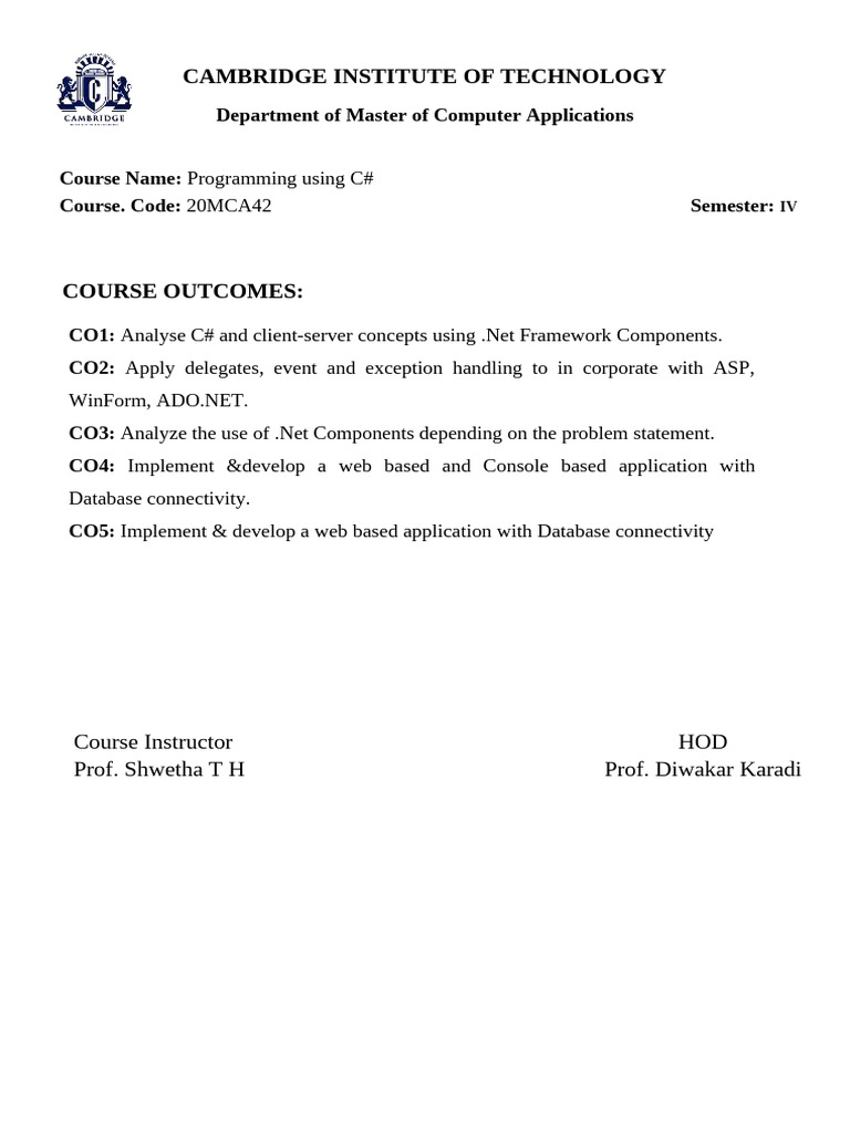Course Outcomes COs C# | PDF