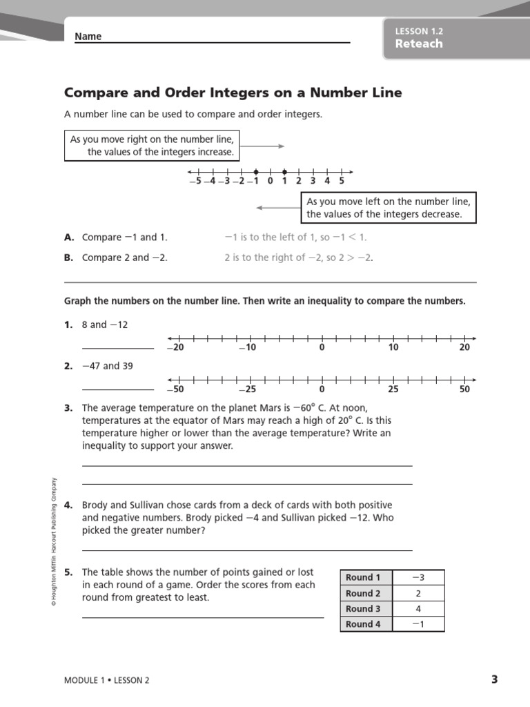 Reteach - Comapre and Order Integers On Numberline | PDF
