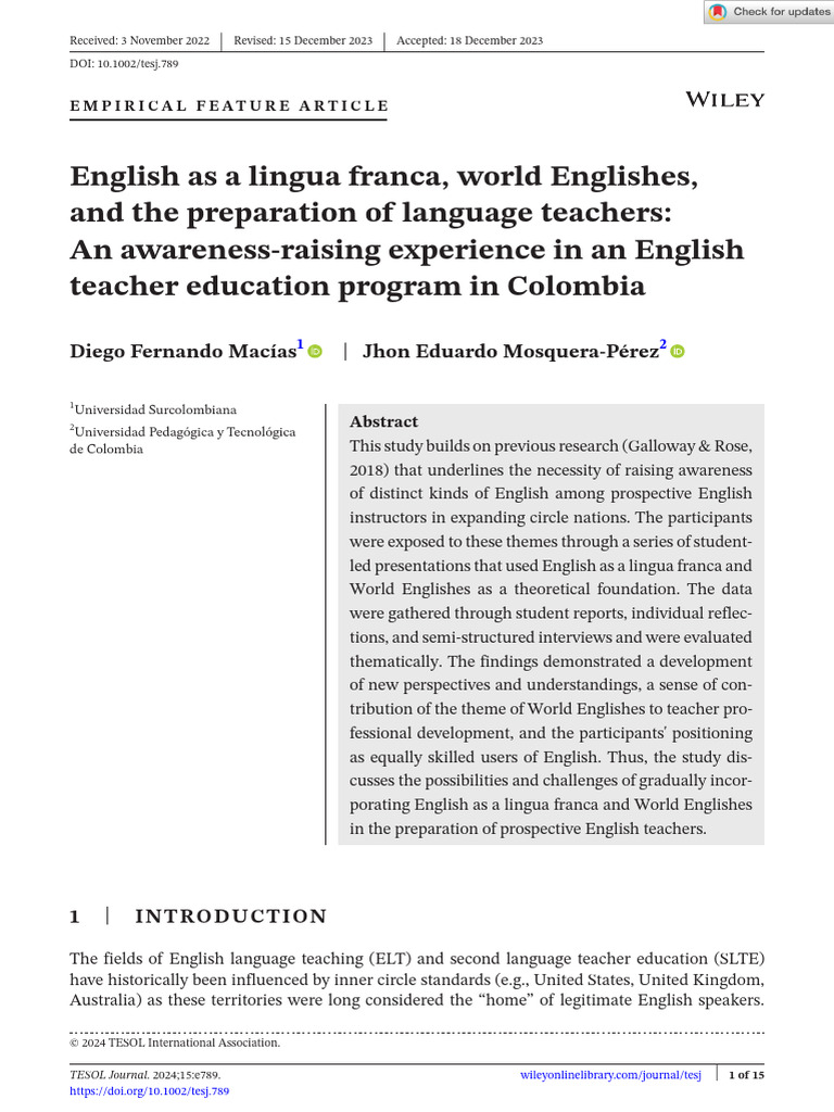 TESOL Journal 2024 Macías English As A Lingua Franca World Englishes ...