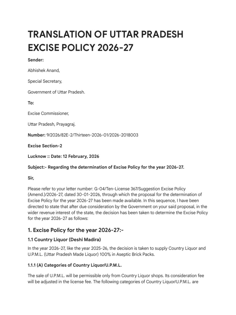 UP Excise - Policy - 2026-27 English PDF | PDF | License | Excise