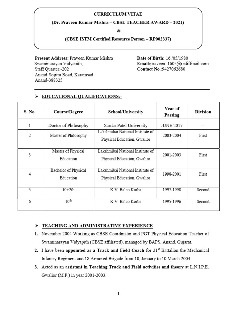 Praveen Kumar Mishra - CV | PDF | Gujarat