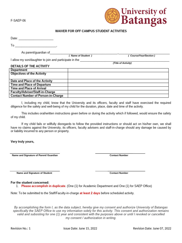 F SAEP 06 Off Campus Activity Waiver | PDF