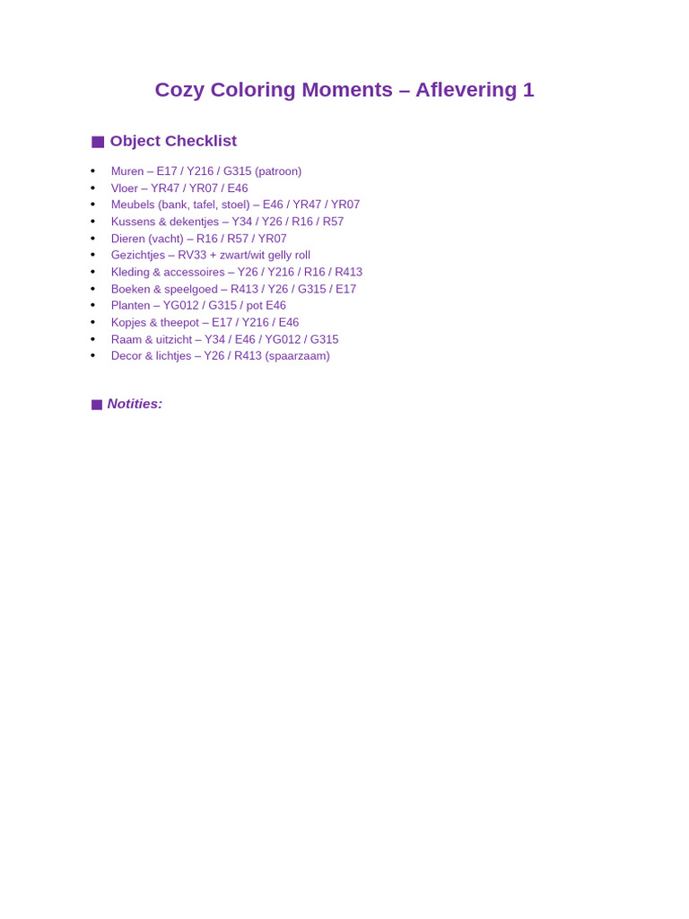 Aflevering 1 Object Checklist Cozy Coloring | PDF