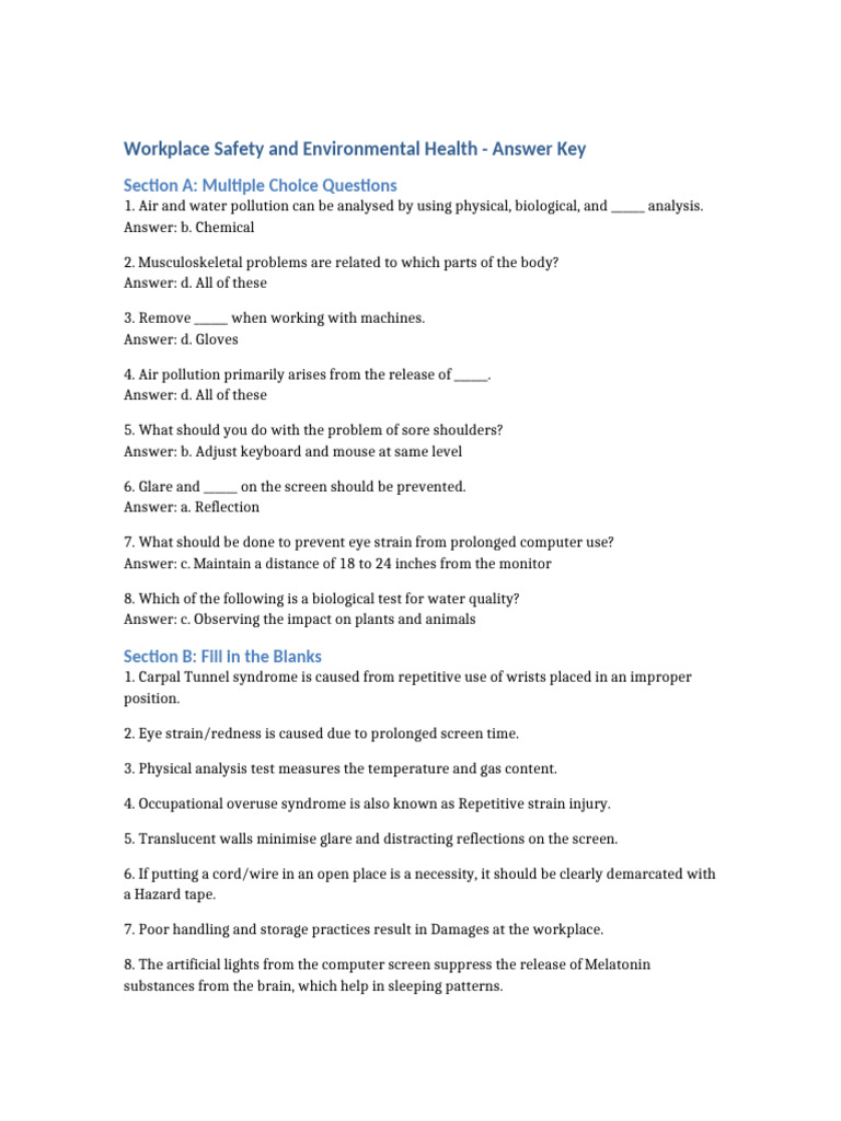 Workplace Safety and Environmental Health Answer Key | PDF | Water Pollution