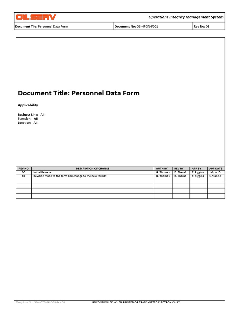 OS-HPGN-F001 Personnel Data Form - V01 | PDF | Social Institutions