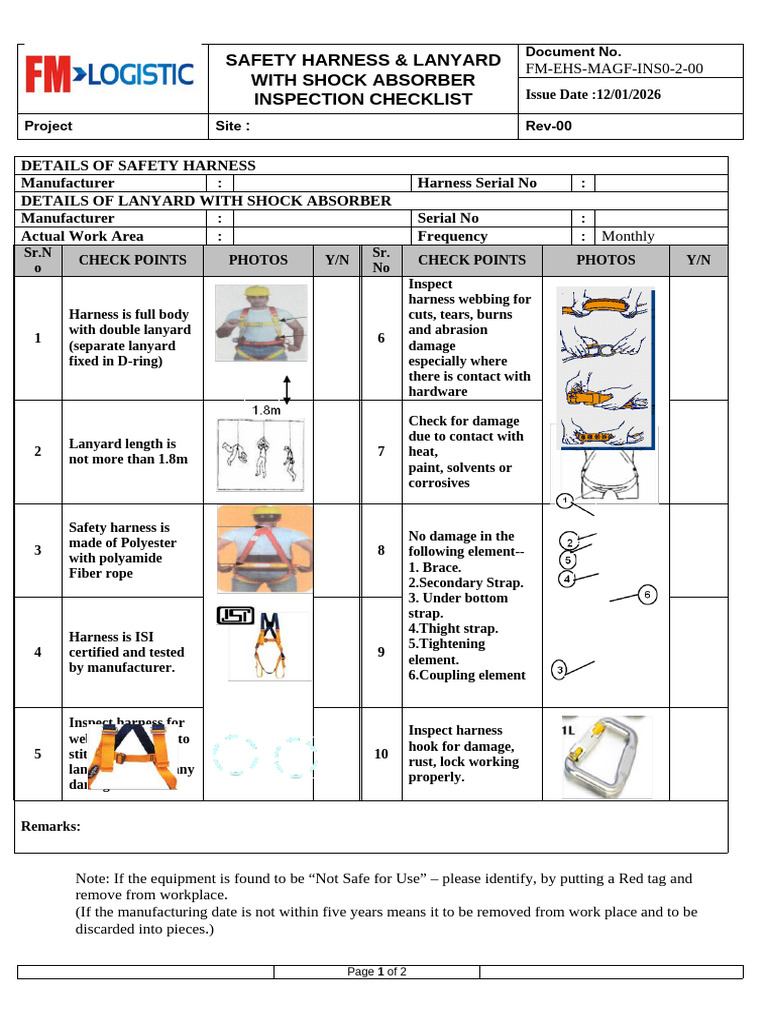 Safety Harness & Lanyard With Shock Absorber Checklist | PDF | Rope