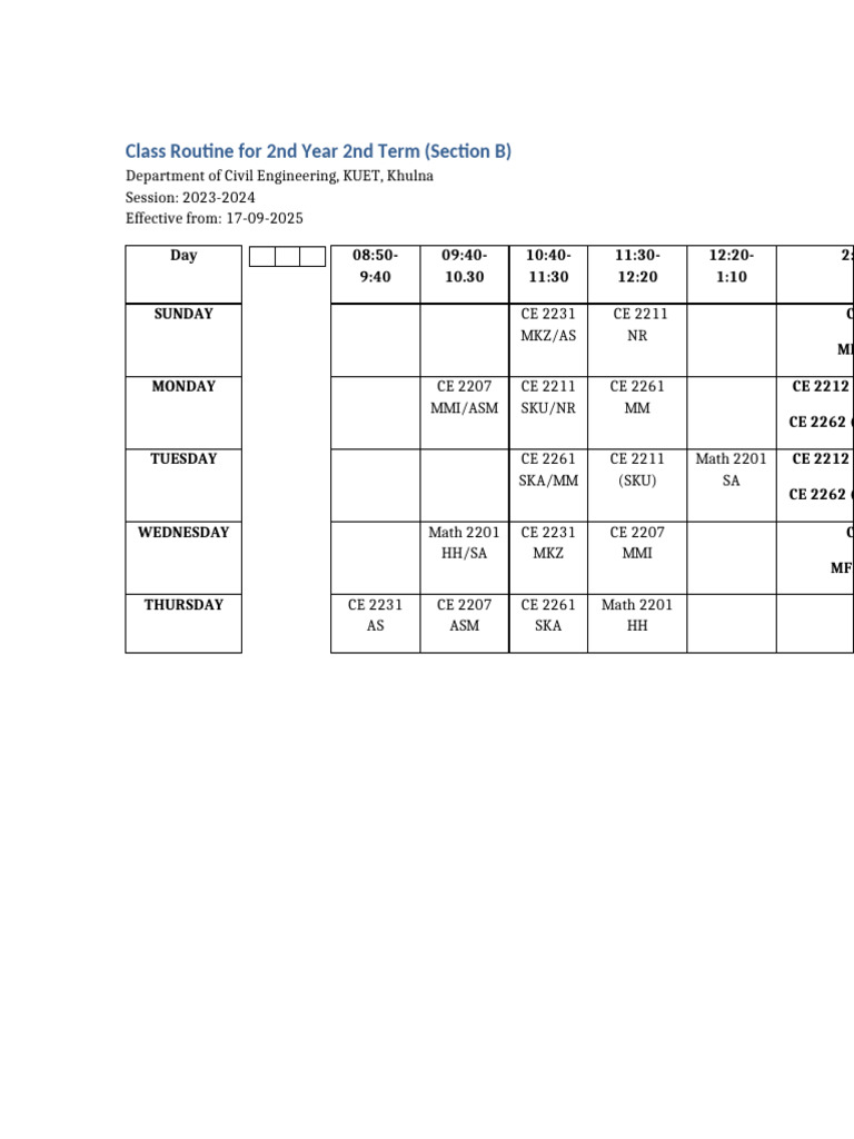 Section B Class Routine KUET Bordered | PDF