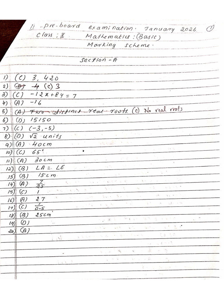 II Pre Board Basic Math Key Answers 2026 | PDF