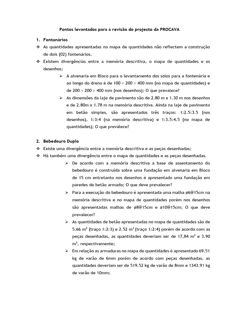 Pontos Levantados para A Revisão Do Projecto PROCAVA | PDF | Engenharia ...