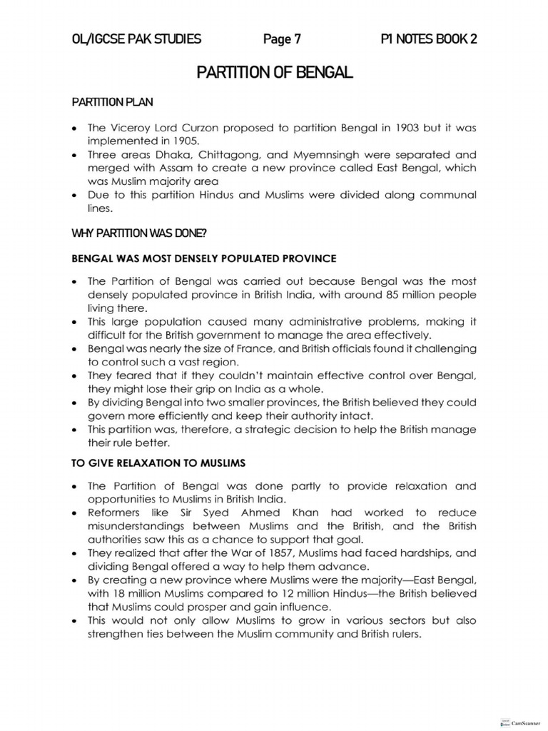 Partition of Bengal Notes MYM | PDF