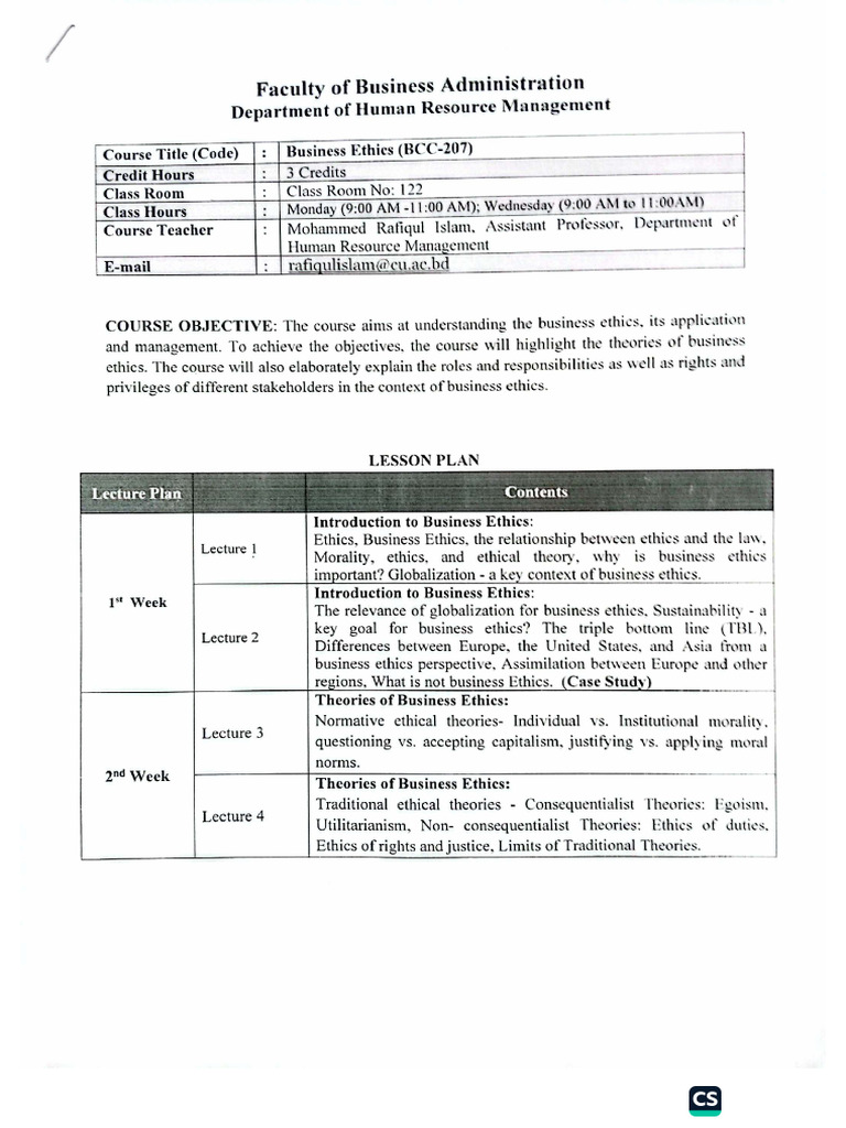 Business Ethics Course Plan | PDF