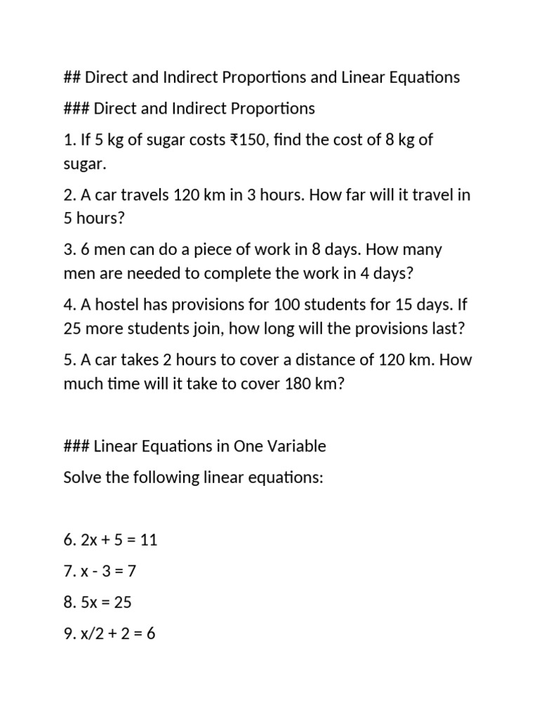 Direct and Indirect Proportions and Linear Equations. | PDF
