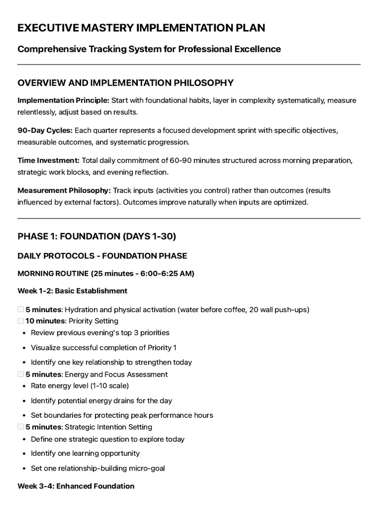 Executive Mastery Implementation Plan & Tracking System | PDF ...