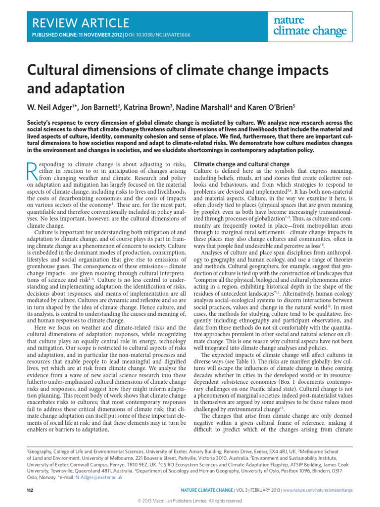 Cultural Dimensions of Climate Change Impacts and Adaptation | PDF ...