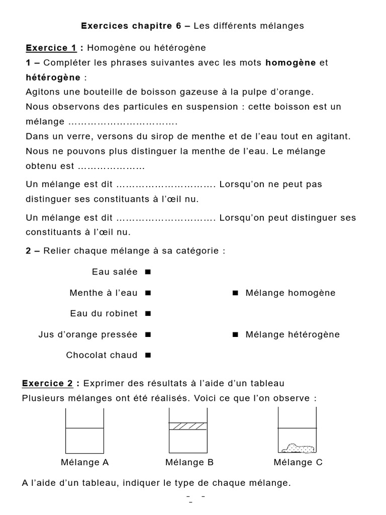Exercices Chapitre 6 - Exercice 1: 1 - Homogène Hétérogène | PDF