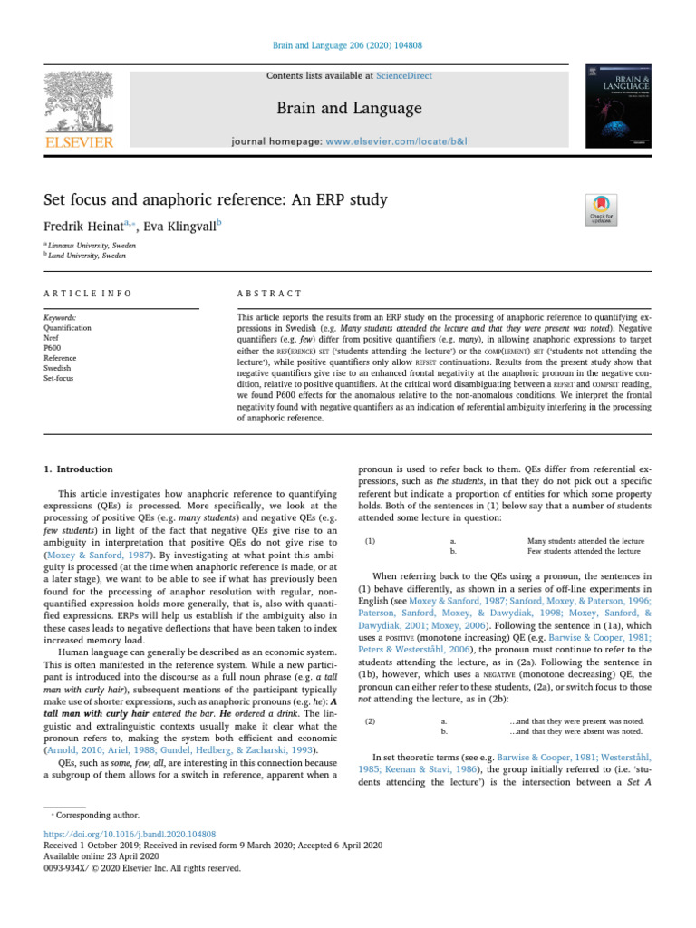 Set Focus and Anaphoric Reference An ERP Study - 2020 - Brain and ...