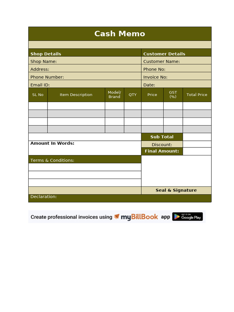 Styllish Cash Memo Format | PDF