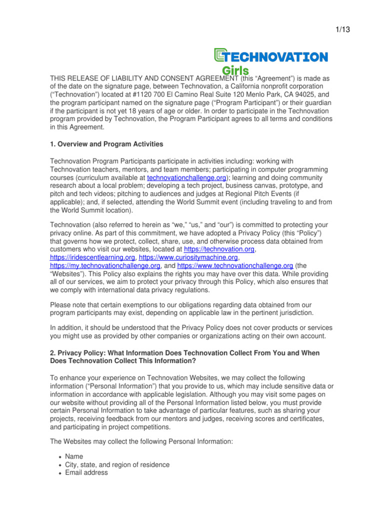Technovation Parent Consent Form | PDF