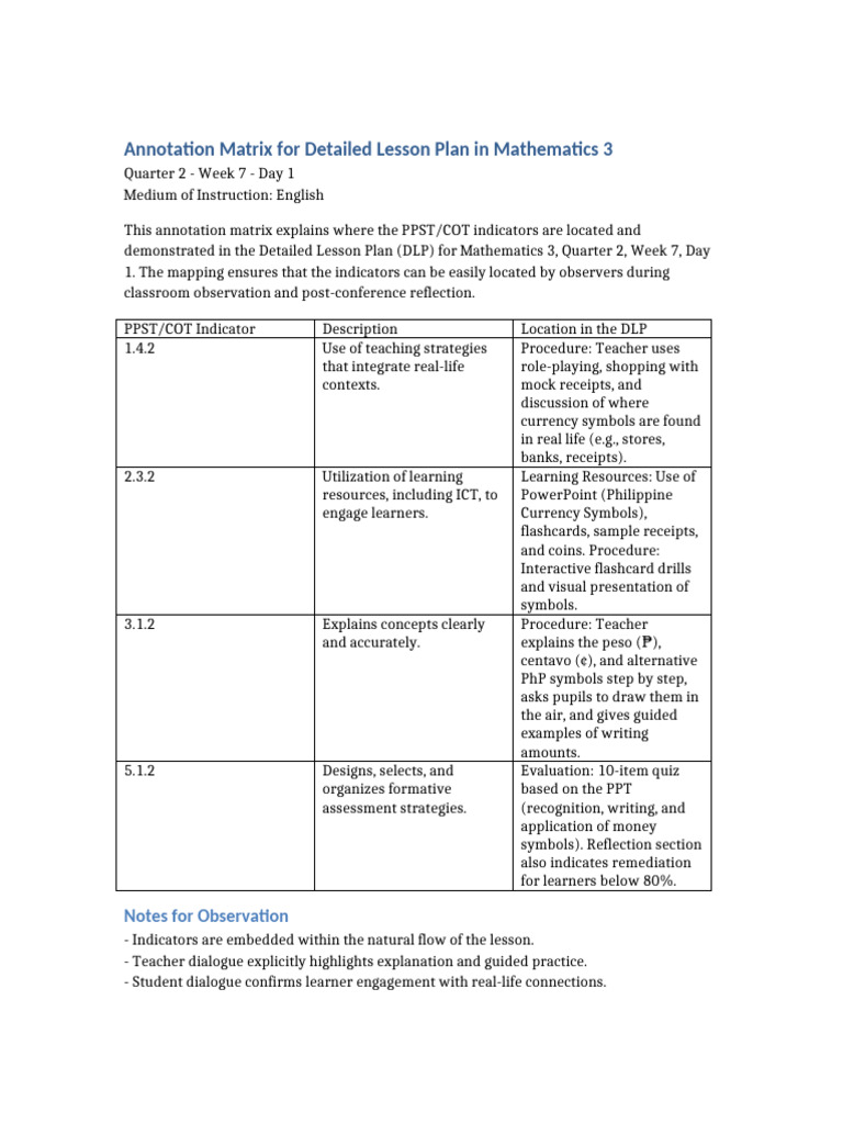 DLP Annotation Matrix Math3 Q2W7D1 | PDF | Lesson Plan | Human ...
