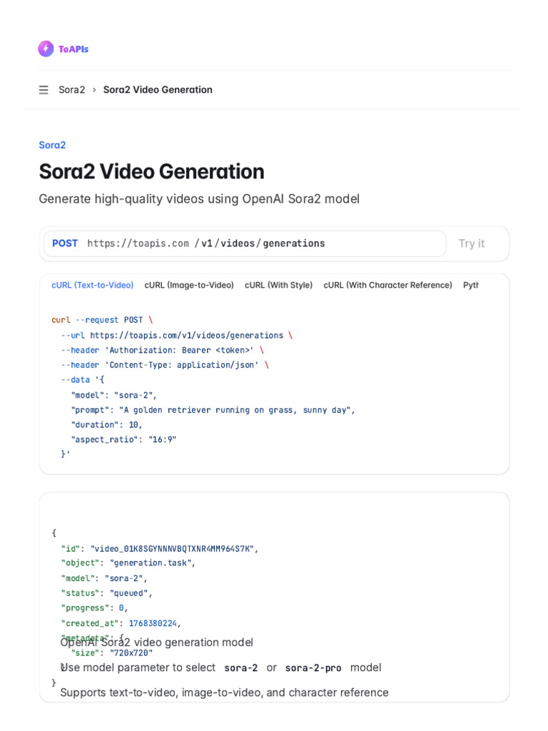 Sora2 Video Generation - ToAPIs Documentation | PDF | Boolean Data Type ...