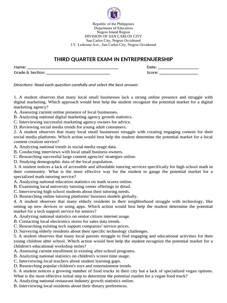 Entrep Third Quarter Exam | PDF | Marketing Research | Marketing
