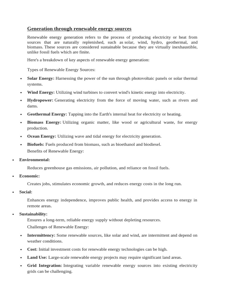 Generation Through Renewable Energy Sources | PDF