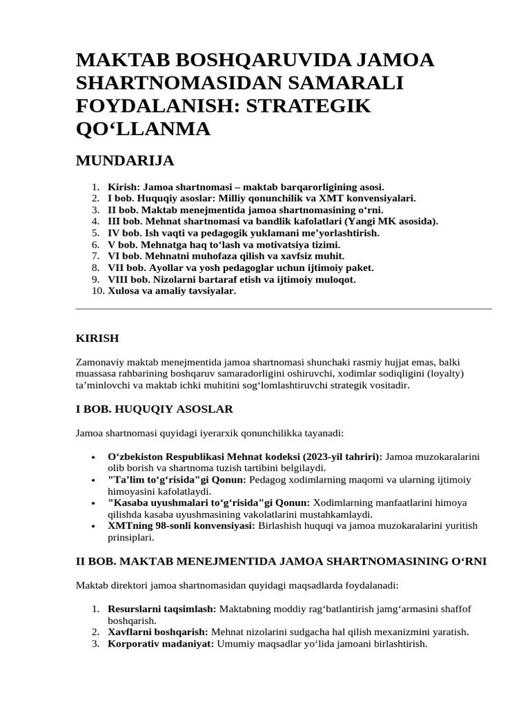 Maktab Boshqaruvida Jamoa Shartnomasidan Samarali Foydalanis1 | PDF