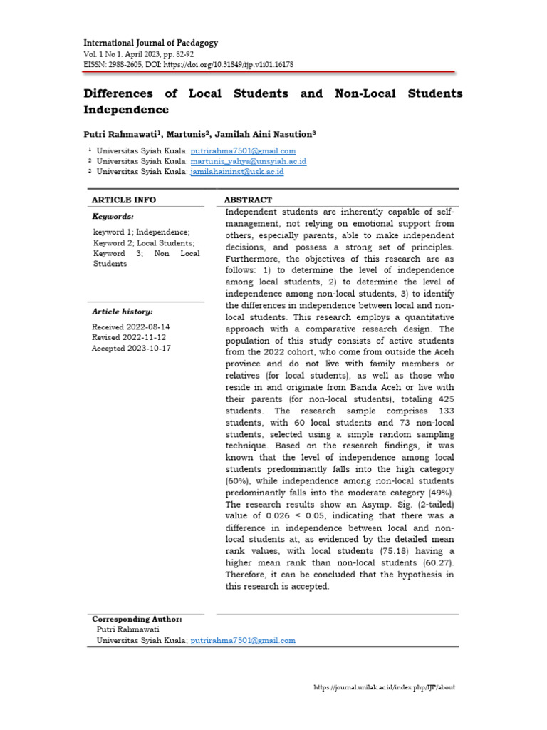 Differences of Local Students and Non-Local Students Independence | PDF ...