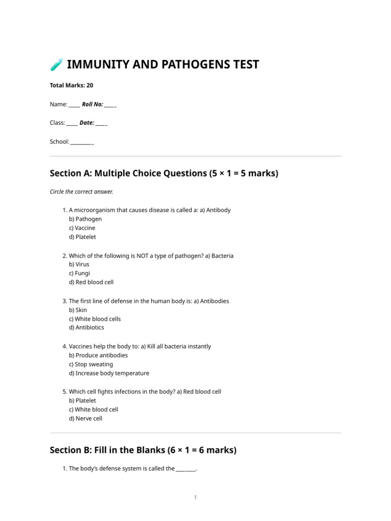Immunity and Pathogens Test Printable | PDF