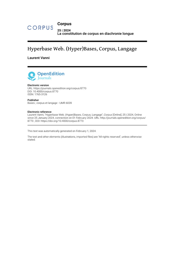 Vanni - 2024 - Hyperbase Web. (Hyper) Bases, Corpus, Langage | PDF