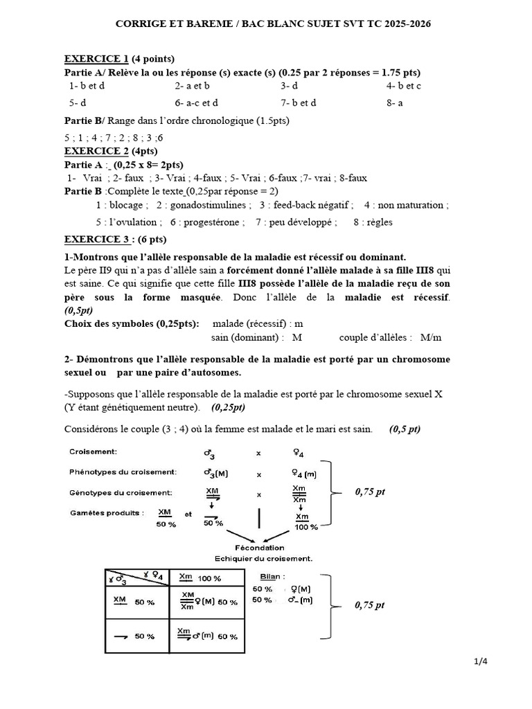 Corrige Et Bareme Sujet SVT TC Bac Blanc | PDF