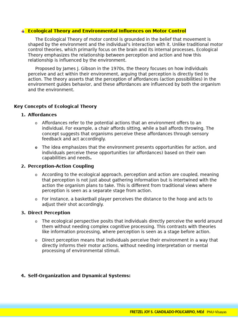 M1 Lesson 2 THEORIES EVOLVING MOTOR CONTROL Ecological Theory and ...