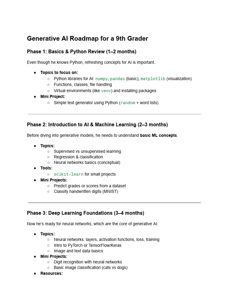 Generative AI Roadmap For A 9th Grader | PDF | Machine Learning | Deep ...