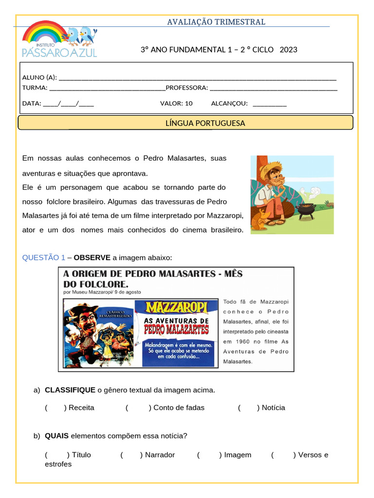 Prova Trimestral - Portugues (2 Ciclo) - 3 Ano - 2023 | PDF