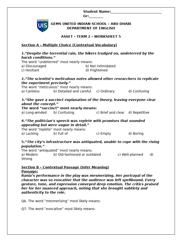 Asset - Term 2 - Worksheet 5 | PDF
